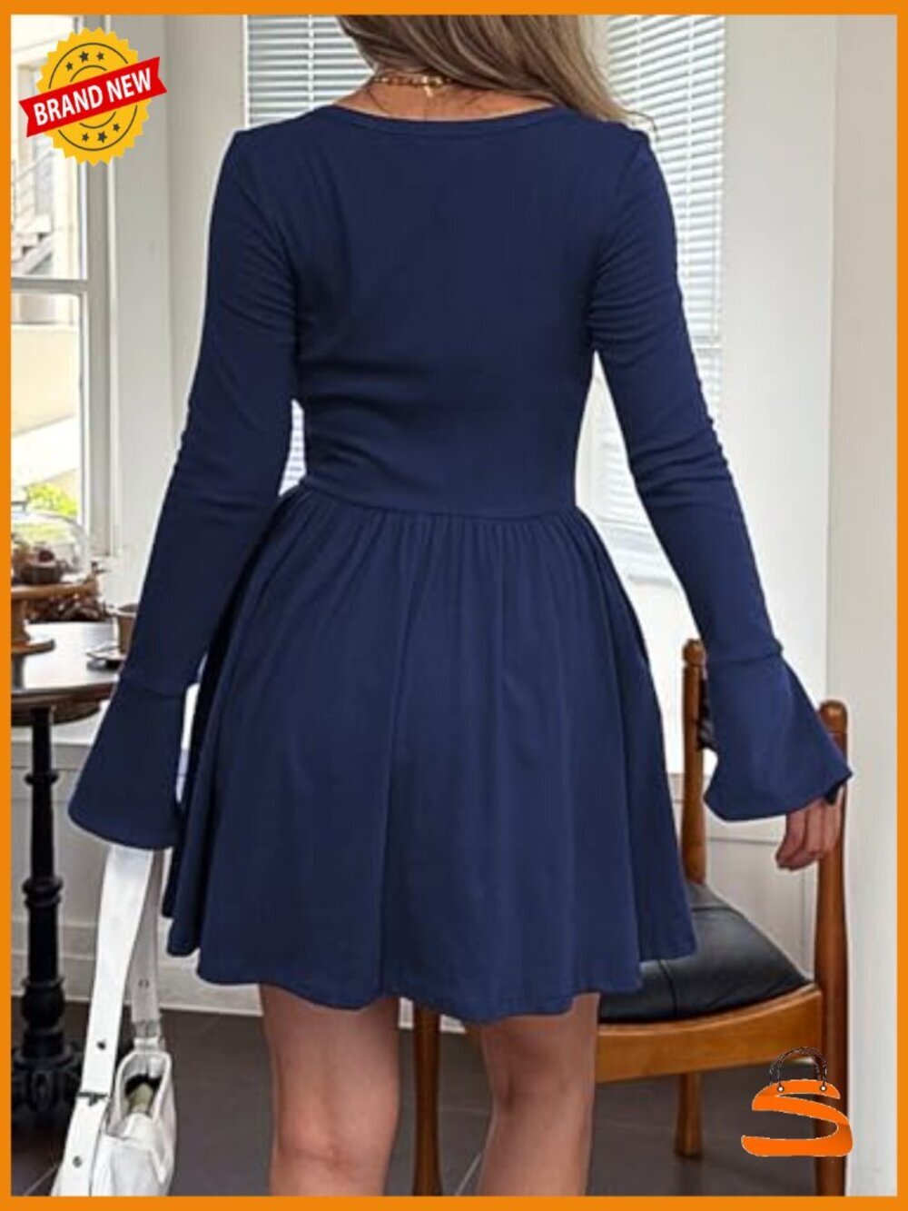 Women's Long Sleeve Mini Dress Square Neck A-Line Pleated with Pockets - Picture 5 of 7